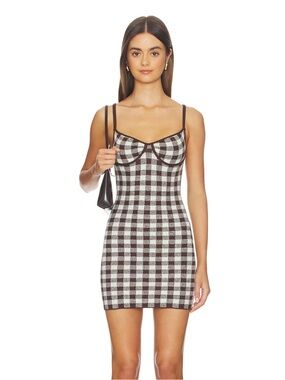 NWT New Majorelle Aubreigh Knit Mini Dress in Brown & White Gingham Size XS